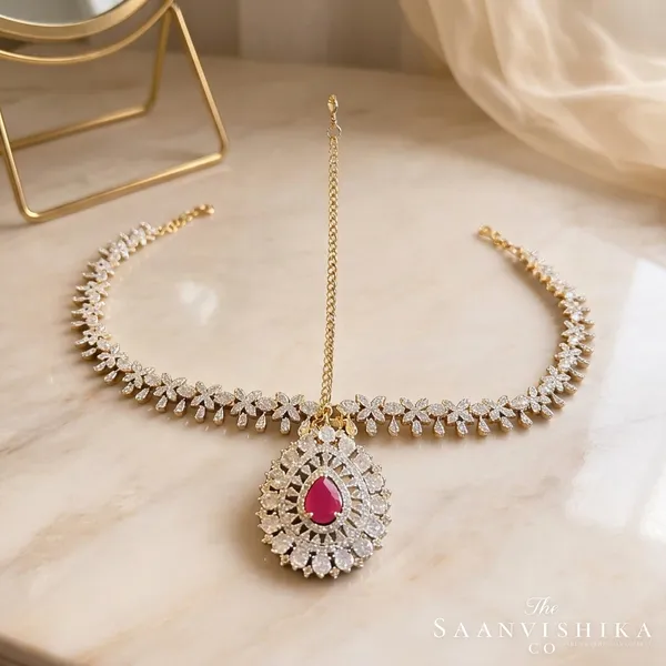 Red_Alloy_Droplet_Floral_Chain_Maang_Tikka_For_Women