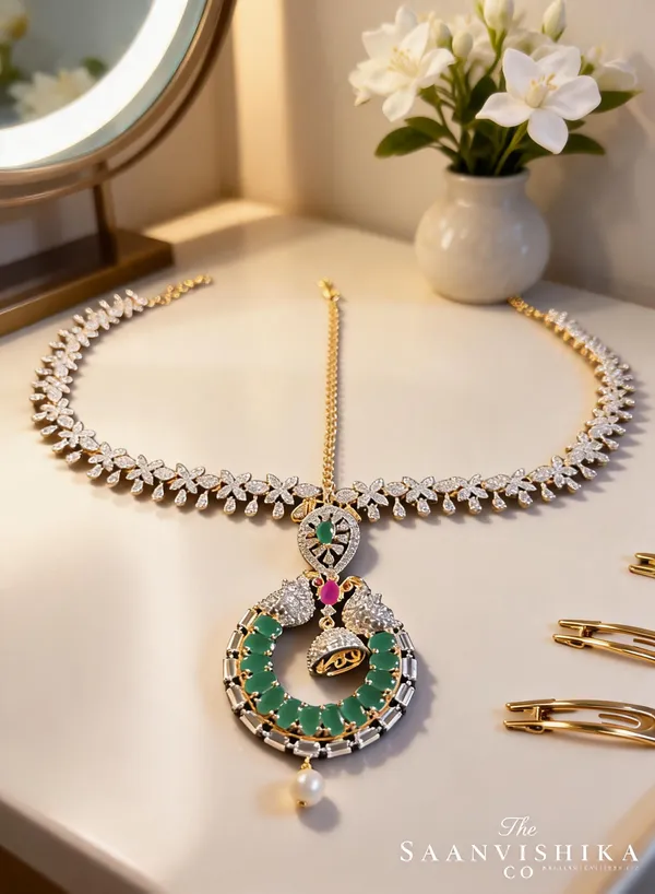 Green_Alloy_Dual_Peacock_Floral_Chain_Maang_Tikka_For_Women