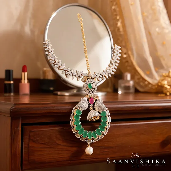 Green_Alloy_Dual_Peacock_Floral_Chain_Maang_Tikka_For_Women