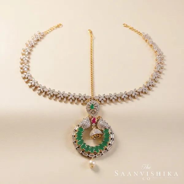 Green_Alloy_Dual_Peacock_Floral_Chain_Maang_Tikka_For_Women