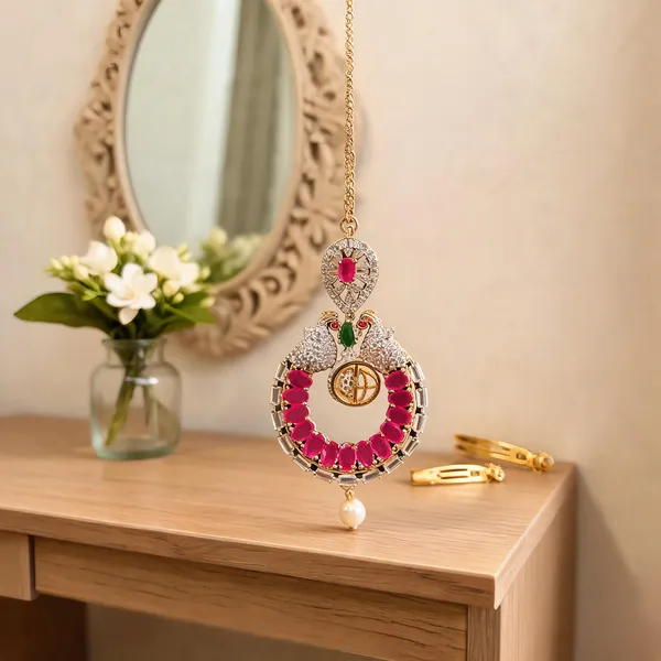 Red_Alloy_Dual_Peacock_Floral_Chain_Maang_Tikka_For_Women
