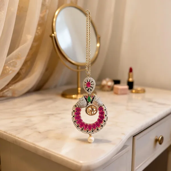 Red_Alloy_Dual_Peacock_Floral_Chain_Maang_Tikka_For_Women