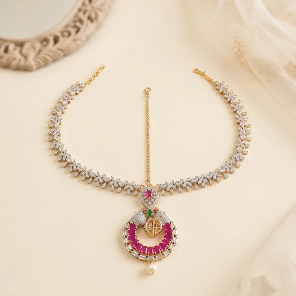 Red_Alloy_Dual_Peacock_Floral_Chain_Maang_Tikka_For_Women