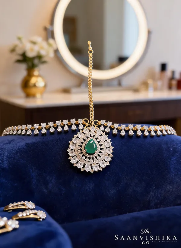 Green_Alloy_Droplet_Diamond_Chain_Maang_Tikka_For_Women