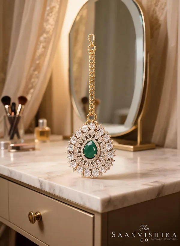 Green_Alloy_Droplet_Diamond_Chain_Maang_Tikka_For_Women