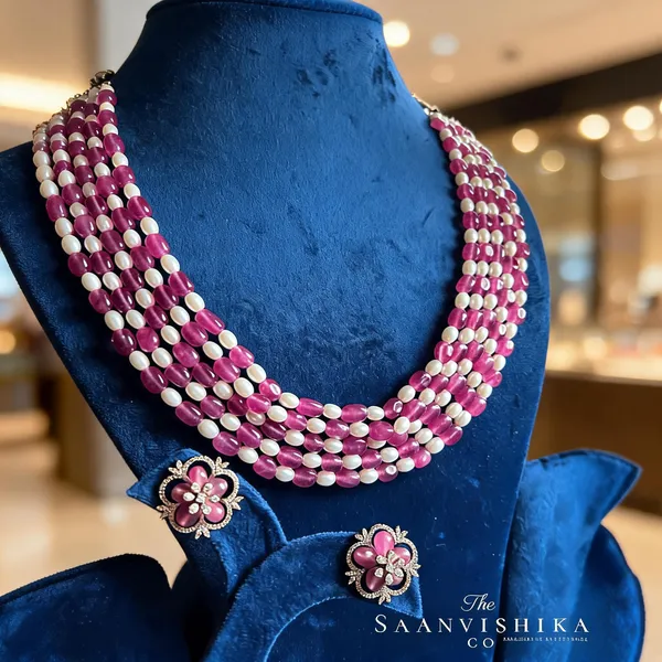 Pink_Alloy_Blend_5-Line_Beaded_Mala_Necklace_Set_With_Floral_Studs_For_Women