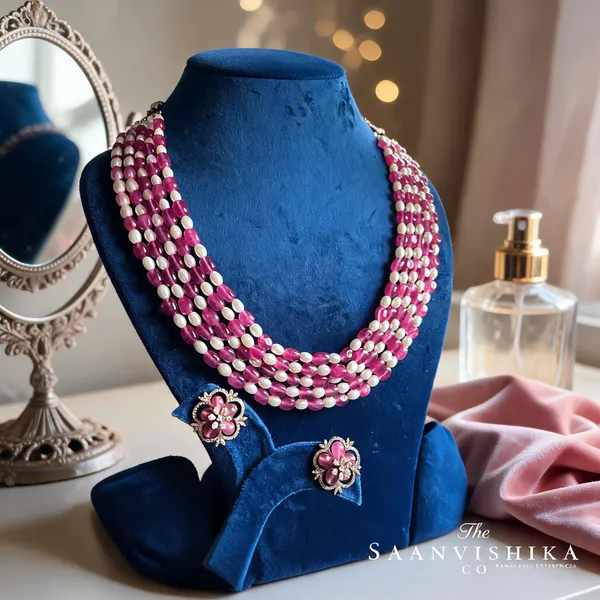 Pink_Alloy_Blend_5-Line_Beaded_Mala_Necklace_Set_With_Floral_Studs_For_Women