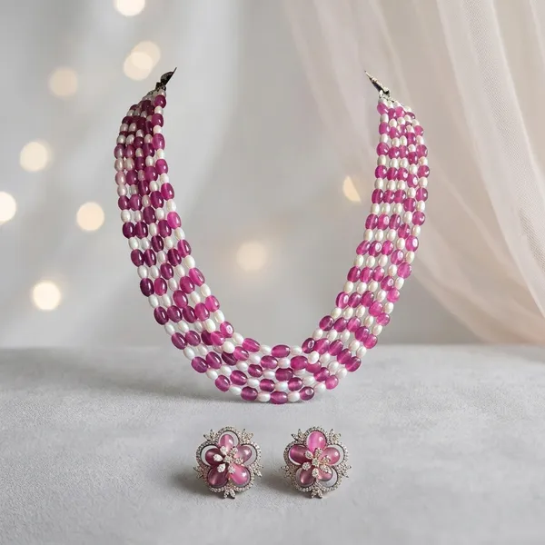 Pink_Alloy_Blend_5-Line_Beaded_Mala_Necklace_Set_With_Floral_Studs_For_Women