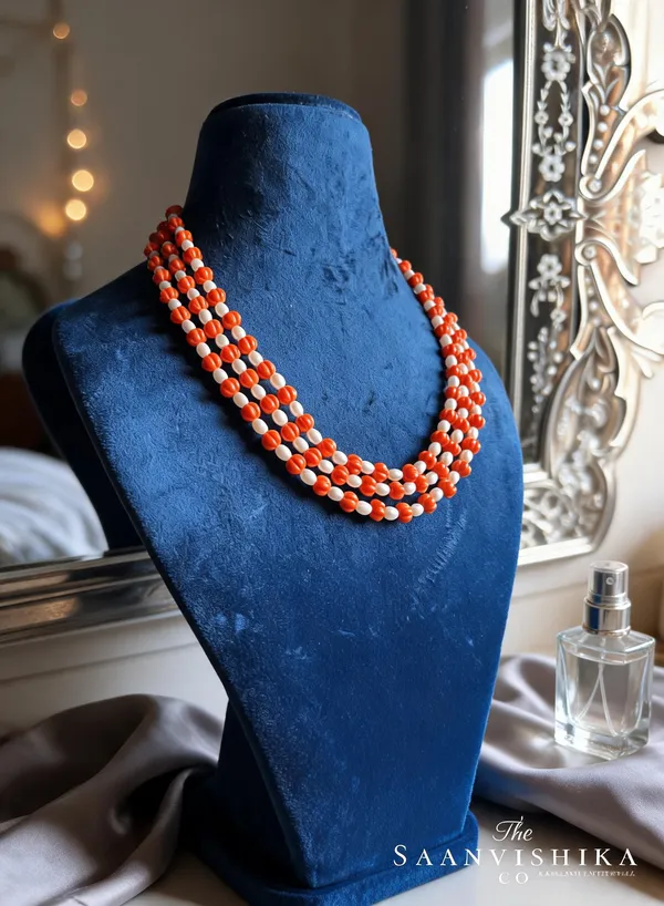 Orange_White_Alloy_3_Line_Pumpkin_Beaded_Mala_Necklace_For_Women
