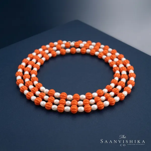 Orange_White_Alloy_3_Line_Pumpkin_Beaded_Mala_Necklace_For_Women