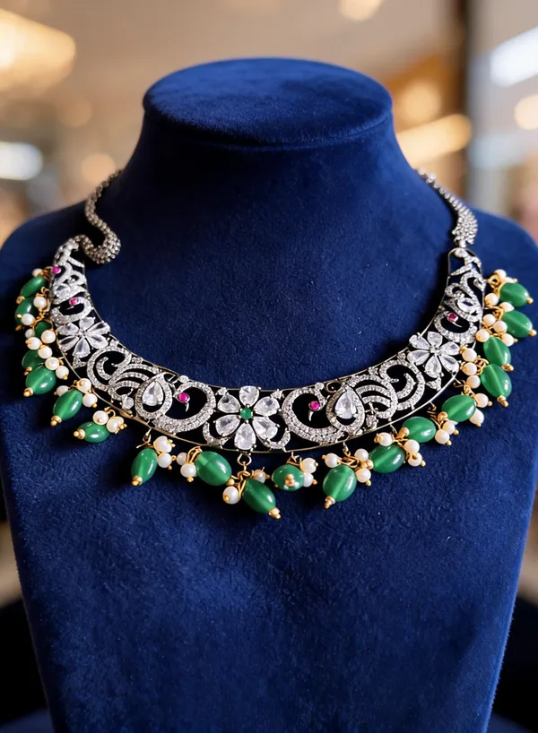 Green_Alloy_Blend_Victorian_Peacock_Black_Beads_Kante_Necklace_For_Women