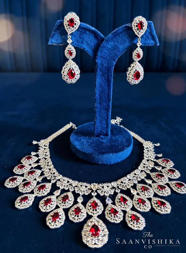 Red_Alloy_Blend_Double_Droplet_Cz_Diamond_Necklace_For_Women