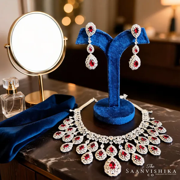 Red_Alloy_Blend_Double_Droplet_Cz_Diamond_Necklace_For_Women