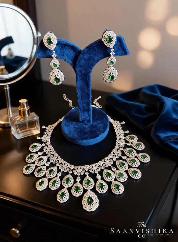 Green_Alloy_Double_Droplet_Cz_Necklace_For_Women