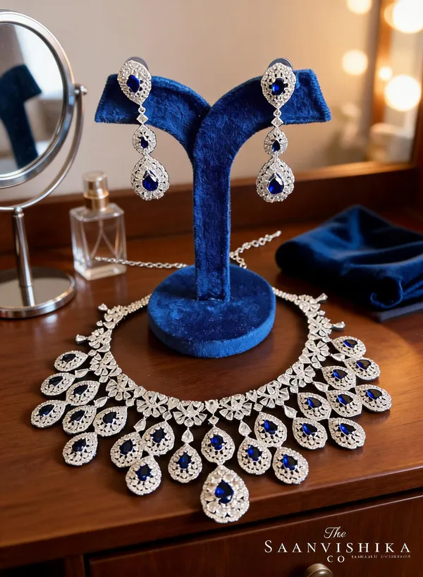 Blue_Alloy_Double_Droplet_Cz_Diamond_Necklace_For_Women