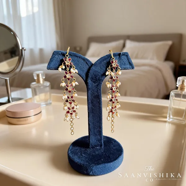 Red_Alloy_Rice_Pearl_Earchain_For_Women