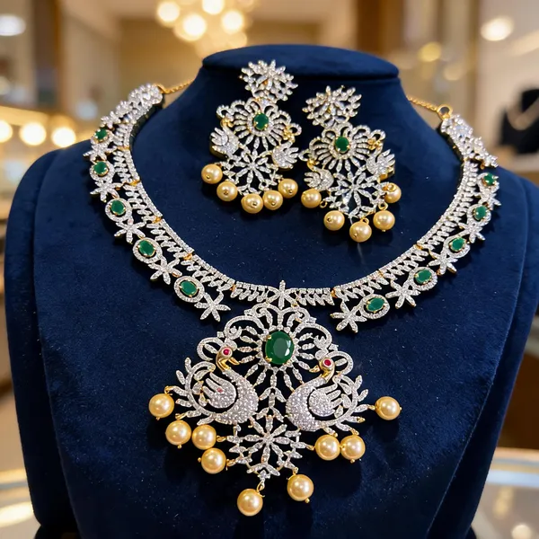 Green_Alloy_Double_Swan_Pearl_Necklace_For_Women