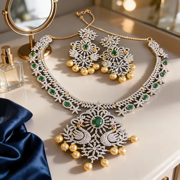 Green_Alloy_Double_Swan_Pearl_Necklace_For_Women
