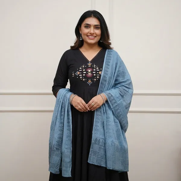 Black_Embroidered_Anarkali_Kurta_with_Blue_Dupatta_for_Women