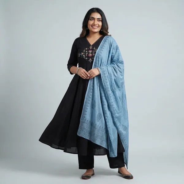 Black_Embroidered_Anarkali_Kurta_with_Blue_Dupatta_for_Women