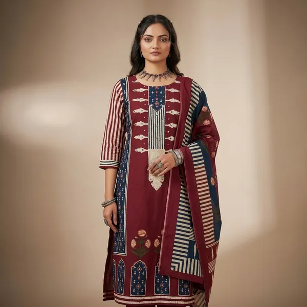Maroon_Cotton_Printed_Straight_Kurta_Set_with_Dupatta_for_Women