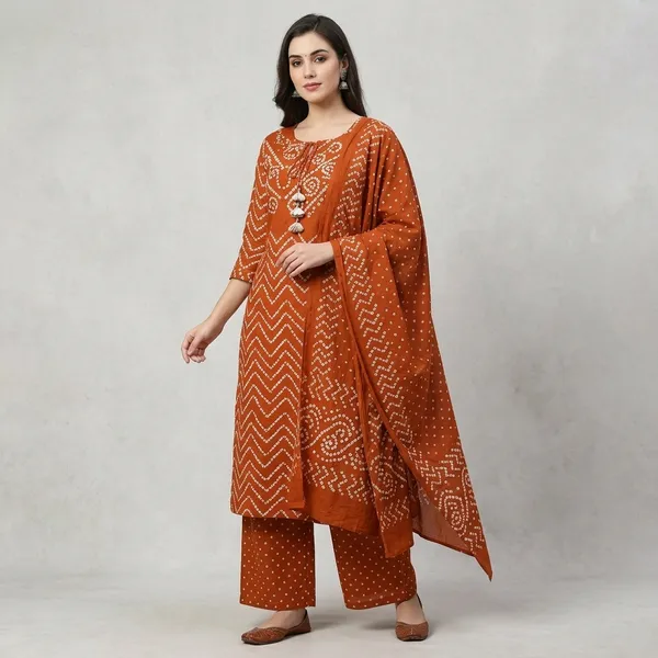 Rust_Orange_Cotton_Bandhani_Print_Kurta_Set_for_Women