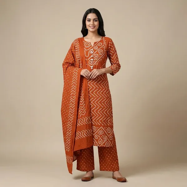 Rust_Orange_Cotton_Bandhani_Print_Kurta_Set_for_Women