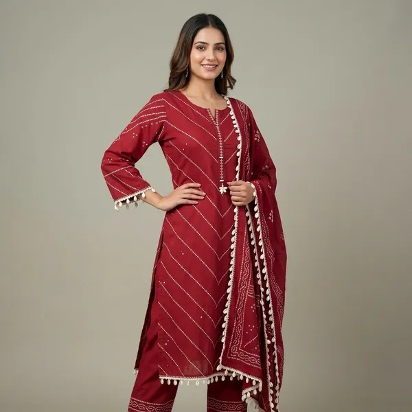 Red_Cotton_Printed_Kurta_Set_with_Tassel_Embellishments_for_Women