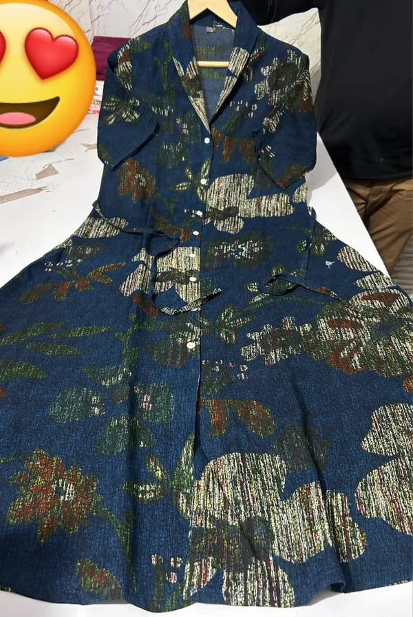 Navy_Blue_Metallic_Foil_Print_Shirt_Collar_Fit_And_Flare_Dress_For_Women