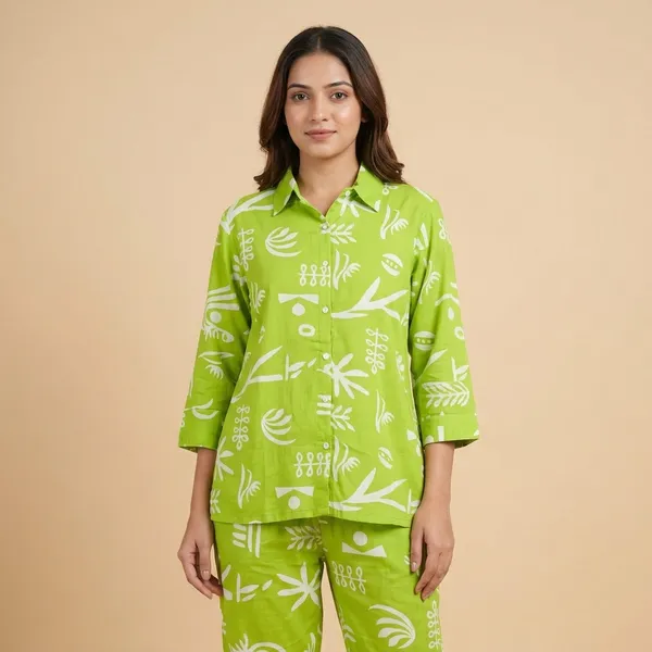 Lime_Green_White_Floral_Print_Cotton_Night_Suit_for_Women