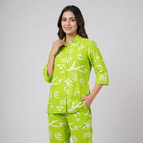 Lime_Green_White_Floral_Print_Cotton_Night_Suit_for_Women
