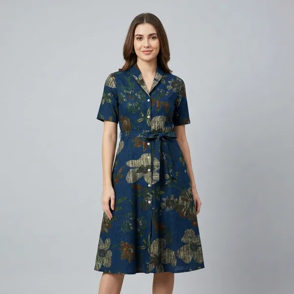 Navy_Blue_Metallic_Foil_Print_Shirt_Collar_Fit_And_Flare_Dress_For_Women
