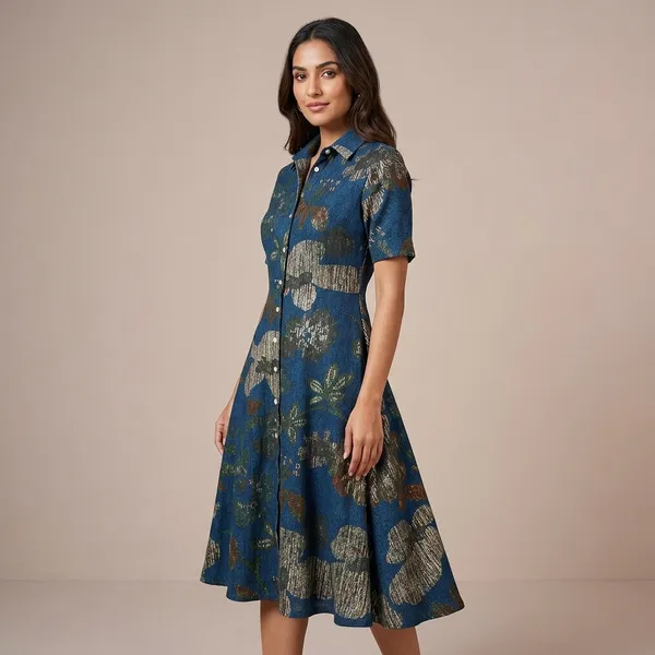 Navy_Blue_Metallic_Foil_Print_Shirt_Collar_Fit_And_Flare_Dress_For_Women