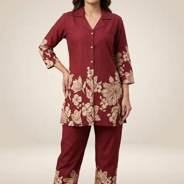 Maroon_Floral_Print_Collared_Night_Suit_Set_for_Women