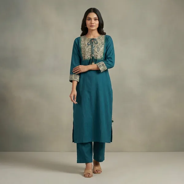 Teal_Blue_Embroidered_Kurta_Set_with_Matching_Bottoms_for_Women