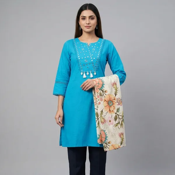 Turquoise_Embellished_Kurti_with_Floral_Printed_Palazzo_Set_for_Women