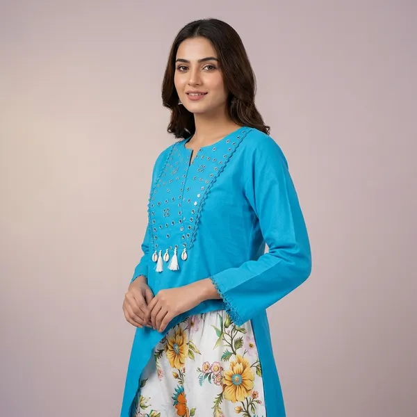 Turquoise_Embellished_Kurti_with_Floral_Printed_Palazzo_Set_for_Women