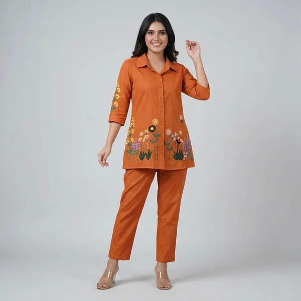 Orange_Cotton_Floral_Embroidered_Shirt_And_Pant_Set_for_Women