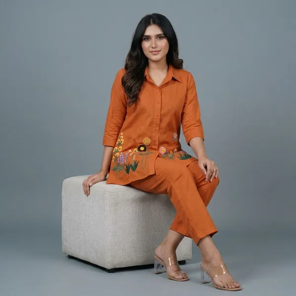 Orange_Cotton_Floral_Embroidered_Shirt_And_Pant_Set_for_Women