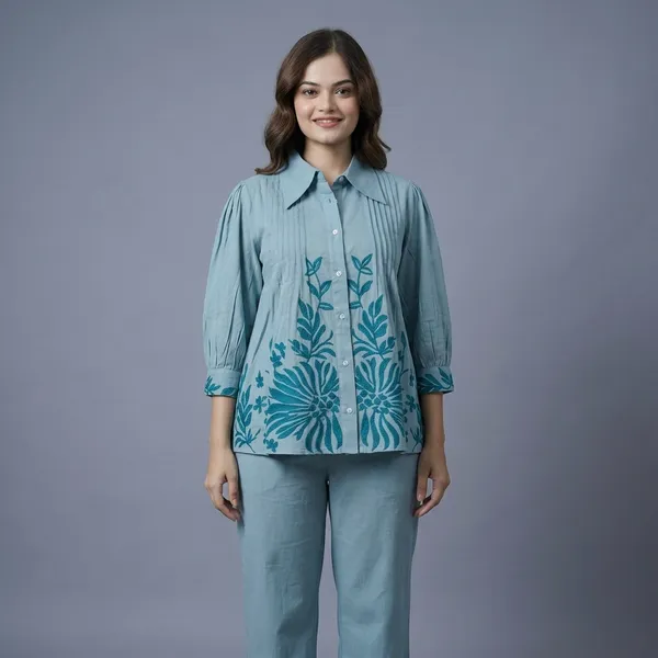 Teal_Cotton_Floral_Embroidered_Collared_Shirt_For_Women