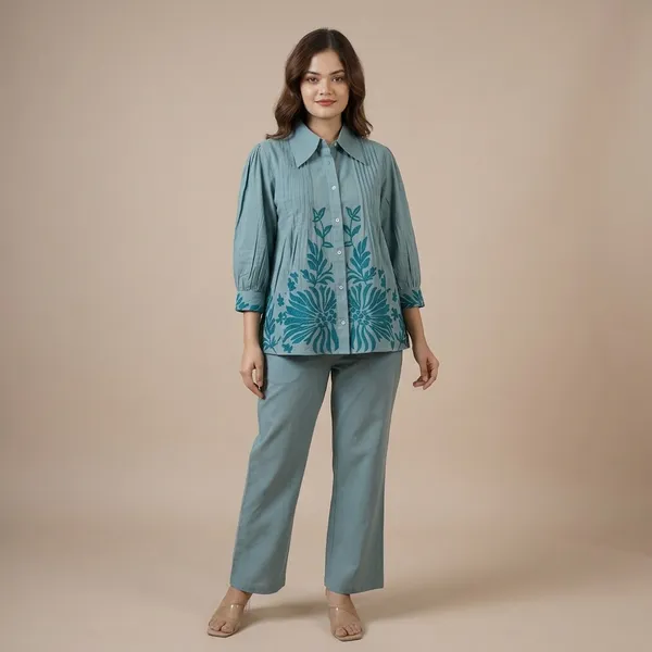 Teal_Cotton_Floral_Embroidered_Collared_Shirt_For_Women