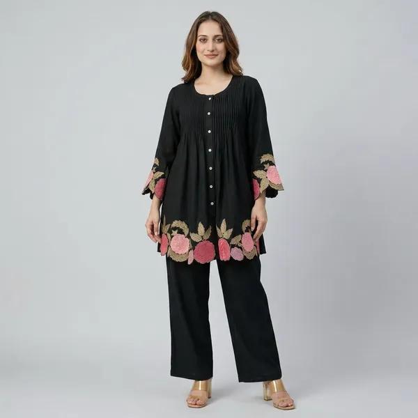 Black_Floral_Embroidered_Button-Down_Kurta_Set_for_Women