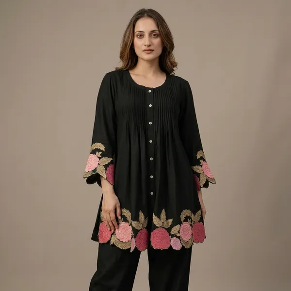 Black_Floral_Embroidered_Button-Down_Kurta_Set_for_Women