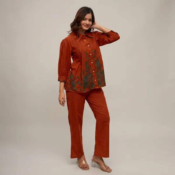 Rust_Orange_Embroidered_Collar_Top_and_Straight_Pants_Set_for_Women