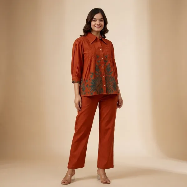Rust_Orange_Embroidered_Collar_Top_and_Straight_Pants_Set_for_Women