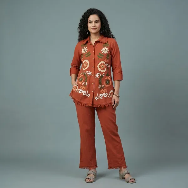 Rust_Orange_Embroidered_Floral_Shirt_and_Pant_Set_for_Women