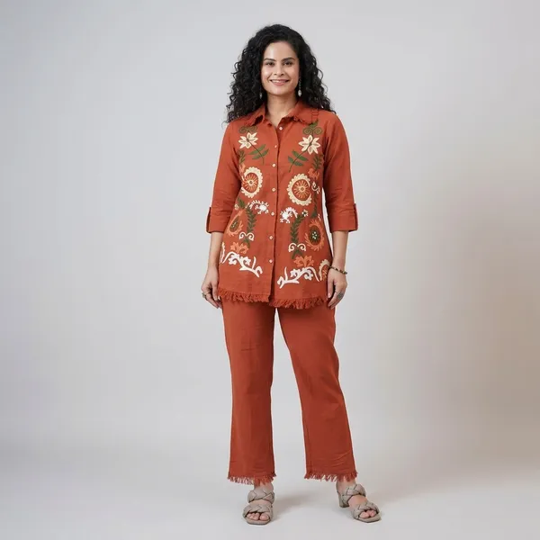 Rust_Orange_Embroidered_Floral_Shirt_and_Pant_Set_for_Women