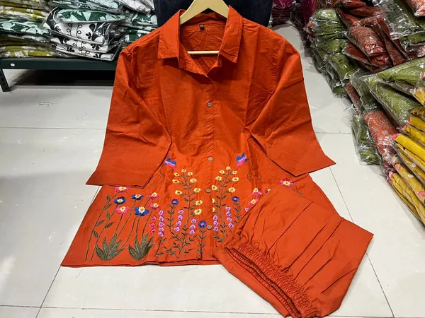 Orange_Cotton_Floral_Embroidered_Shirt_And_Pant_Set_for_Women