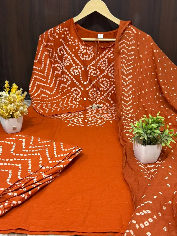 Rust_Orange_Cotton_Bandhani_Print_Kurta_Set_for_Women