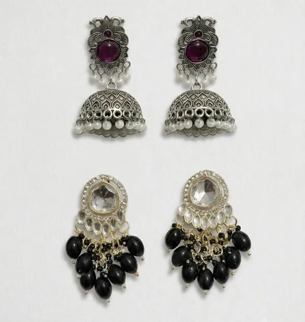 Oxidized_Silver_And_Gold_Toned_Kundan_Black_Beaded_Drop_Earrings_For_Women_Pack_Of_2